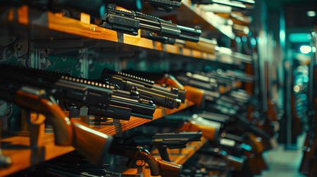 Variety of Modern Rifles and Pistols on Display in a Gun Store - Concept of Firearms, Weapon...