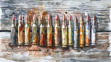 Watercolor Illustration of Bullets in a Row on Wooden Background. Concept of Weaponry, Military Equipment, and Artistic Expression.の写真素材
