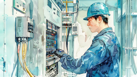 Watercolor Illustration of Young Male Electrician in Protective Gear Working on Industrial Control...