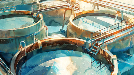 Watercolor Illustration of a State-of-the-Art Wastewater Treatment Facility. Concept of industrial...