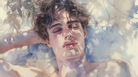 Watercolor Illustration of a Relaxed Caucasian Young Male Resting Under Dappled Sunlight. Concept of...