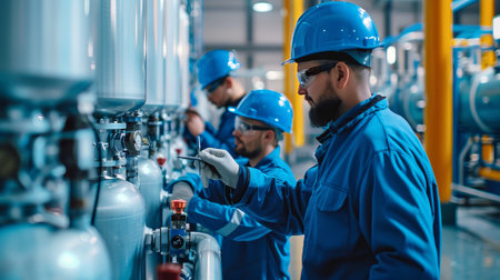 Diverse Team of Engineers in a Bright Industrial setting Configuring Machinery. Concept of teamwork,...