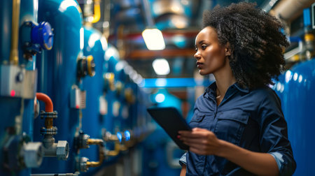 African American Female Engineer Inspecting Machinery in Industrial Setting. Concept of Engineering...