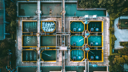 Aerial View of a Modern Wastewater Treatment Plant Highlighting Advanced Engineering and...