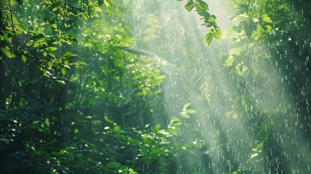 Lush Greenery in a Sunlit Forest with Gentle Rainfall. Concept of Tranquil Nature, Refreshing Forest Retreat, Peaceful Wilderness, Rejuvenating Natural Beauty.の写真素材