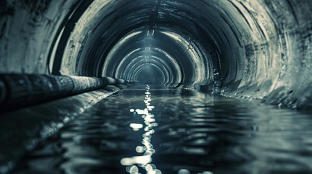 Modern Underground Sewer System with Reflective Water. Concept of Urban Infrastructure, Engineering,...
