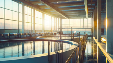 Spacious, modern wastewater treatment facility with large glass windows and reflective water pools, filled with natural light. Concept of water purification, sustainability, efficient infrastructure.の写真素材