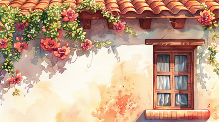 Mediterranean charm, watercolor illustration of rustic architecture with floral vines. Copy space.