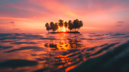 Vibrant tropical island at sunset with stunning colorful sky and ocean view.の写真素材