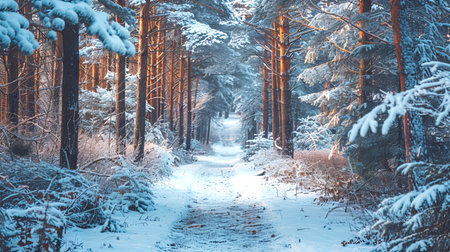 Winter wonderland in snow-covered forest path with towering pine trees.