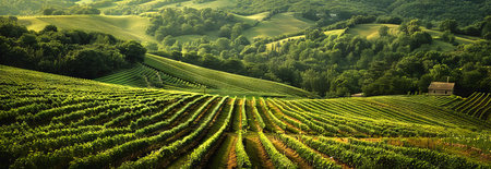Serene rolling hills of cropland landscape for agricultural design and rural inspiration. Banner.の写真素材