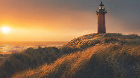 Majestic old brick lighthouse overlooking ocean at sunset.の写真素材