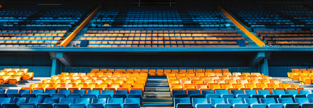 Vibrant blue and yellow seating at an empty sports stadium capturing serenity and design. Banner.