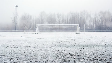 Winter serenity, a snow-covered soccer field in misty silence.の写真素材