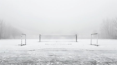 Winter serenity on an empty snow-covered soccer field.