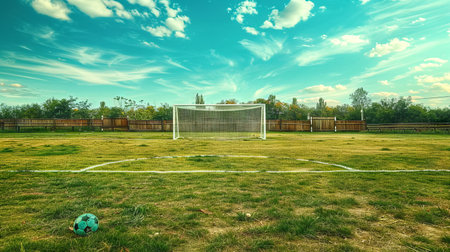 Tranquil soccer field scene with worn goalposts and vibrant sky.の写真素材