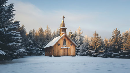 Tranquil wooden chapel amidst snowy forest landscape at dawn.の写真素材
