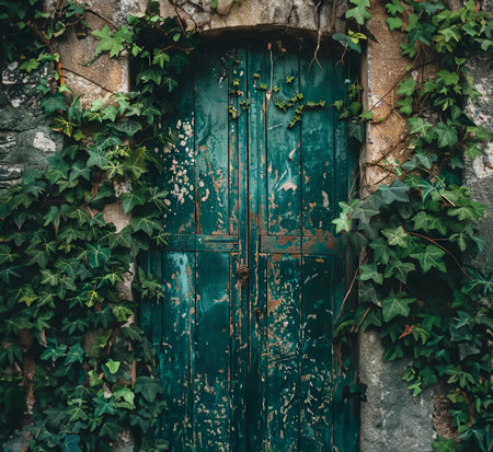 Rustic charm of vintage green door with peeling paint surrounded by ivy.
