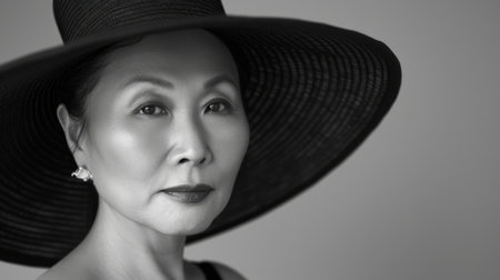 Elegant 50 Years Old Asian Woman Wearing a Wide-Brimmed Hat. Concept of Classic Fashion, Confidence,...