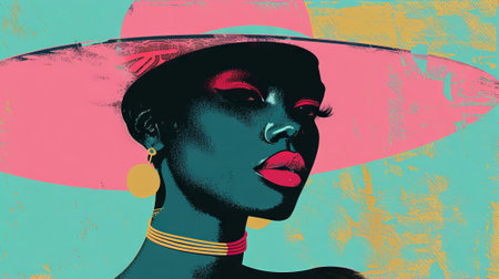 Elegant African Woman Wearing a Wide-Brimmed Hat in a Grunge Style Illustration. Concept of Classic...
