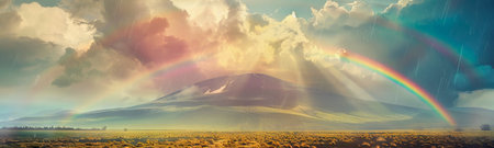 Stunning Mountain Landscape with Colorful Rainbow Over a Field of Flowers Under a Cloudy Sky. Concept of Natural Beauty, Serene Environment, Colorful Nature. Digital art. Banner.の写真素材