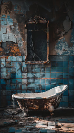 Eerie abandoned mansion bathroom with a broken mirror and a rusty bathtub. Concept of urban decay, forgotten spaces, vintage architecture, spooky atmosphere, Halloween, and scary ambiance. Vertical.の写真素材