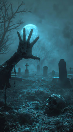 Gruesome Zombie Hand Emerging from Grave in Spooky Cemetery at Night. Concept of Horror Halloween Scene, Undead Rising, Spooky Cemetery.の写真素材