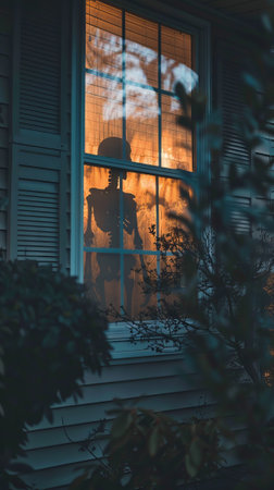 Silhouette of Skeleton Figure Viewed Through a Window at Dusk. Concept of Spooky Halloween...