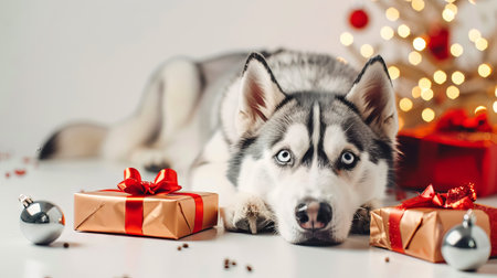 Excited Husky Dog with a Christmas Gifts. Concept of Holiday Spirit, Winter Celebration, Festive Cheer. Copy space.の写真素材