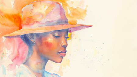 Elegant Watercolor Portrait of an African American Woman Wearing a Stylish wide brimmed Hat. Concept of Fashion Illustration, Beauty Art, Timeless Elegance, Chic Style, Classic.の写真素材