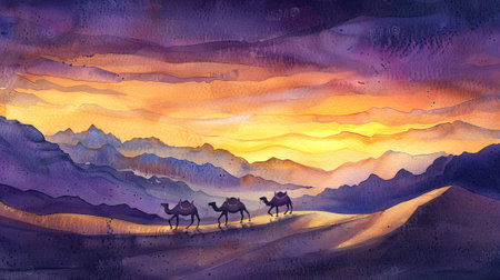 Watercolor illustration of a desert landscape at dusk with a caravan of camels silhouetted against a vibrant sunset sky. Concept of serene travel, nomadic journey, artistic exploration.の写真素材