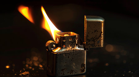 Lighting a Close-Up on Dark Black Background. Concept of Handheld Firestarters, Vintage...