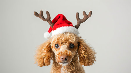 Adorable Poodle Dog Wearing a Santa Hat and Antlers for a Festive Holiday Look. Concept of Christmas Celebration, Cute Pets in Holiday Themed Costumes, Winter Festivity. Copy space.の写真素材