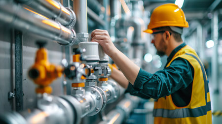 Male Engineer in Hard Hat Inspecting Industrial Pipes. Concept of Engineering, Construction Safety,...