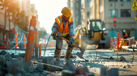 Construction worker in hard hat using tool to break concrete on city street with traffic cones and...
