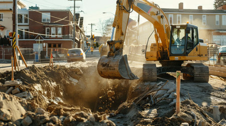 Excavator digging a deep hole at a construction site, surrounded by uneven terrain and machinery tracks. Concept of excavation, heavy equipment, construction industry, and earthmoving.の写真素材