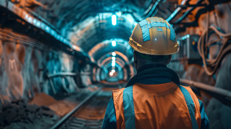 Engineer Wearing a Safety Helmet in Spacious Underground Tunnel. Concept of Construction,...