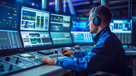 Caucasian Male Engineer in Modern Control Room Monitoring Electrical Power Systems. Concept of Technology Management, Energy Supervision, Workplace Efficiency, and Technical Expertise.の写真素材