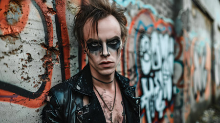 Grunge Style Young Caucasian Man in Leather Jacket Posing Against Graffiti Wall. Concept of...