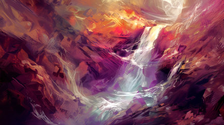 Grunge Style Illustration of a Dramatic Waterfall with Vibrant Colors. Concept of Nature's Power, Artistic Expression, Water Cascade, Dramatic Scenery in Abstract Art.の写真素材