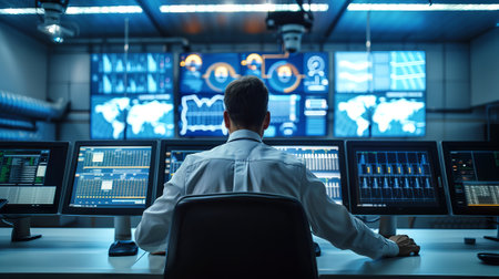 Businessman Analyzing Data in Modern Control Room. Concept of Technology Integration, Data...