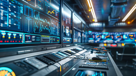 Close-Up of Control Center in Hydroelectric Power Station. Concept of Renewable Energy Management,...