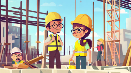 Cartoon Illustration of Diverse Construction Workers Collaborating on a Building Site. Concept of...