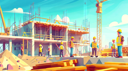 Construction site illustration with workers in hard hats and safety vests, actively building a...