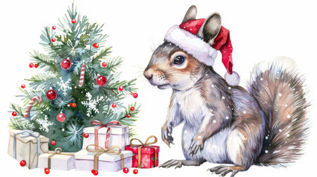 Watercolor Illustration of a Festive Squirrel in Santa Hat by Christmas Tree. Concept of Holiday Cheer, Winter Festivities, Gift Giving, and Nature.の写真素材