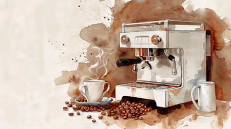 Watercolor Illustration of a Modern Coffee Machine with Steaming Cup and Coffee Beans. Concept of Coffee Culture, Home Brewing, Relaxation, Warmth. Copy space.の写真素材