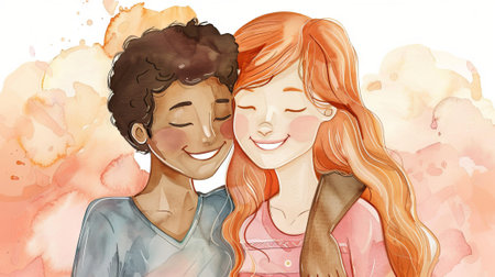 Watercolor Art of a Happy Multiracial Couple Embracing, Featuring an African American Man and a Caucasian Woman. Concept of Love, Friendship, Diversity, and the Beauty of Cross-Cultural Relationships.の写真素材