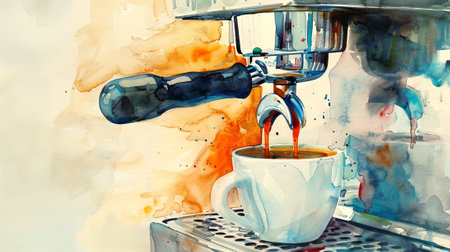 Watercolor Illustration of a Coffee Cup Close-Up with a Coffee Machine. Concept of Artistic Beverage, Coffee Culture, Reflective Art, Morning Routine.の写真素材