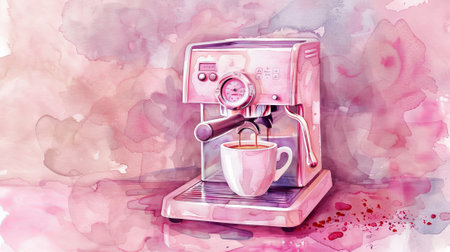 Stylish Coffee Machine in Soft Watercolor Style on Pastel Background. Concept of Brewing, Coffee Culture, Artistic Home Decor, and Modern Appliances.の写真素材