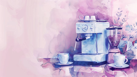 Stylish Coffee Machine in Soft Watercolor Style on Pastel Background. Concept of Brewing, Coffee Culture, Artistic Home Decor, and Modern Appliances.の写真素材